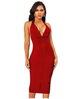 whoinshop Women's Backless Halter V Plunge Celebrity Night Club Party Bandage Bodycon Midi Dress