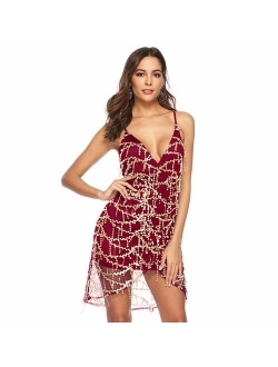 Star Han Women Deep V-Neck Backless Glitter Fringe Sequin Club Mini Party Dress