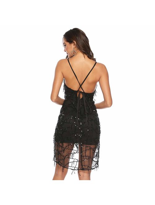 Star Han Women Deep V-Neck Backless Glitter Fringe Sequin Club Mini Party Dress