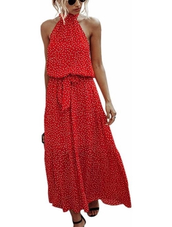 SVALIY Womens Summer Halter Backless Sleeveless Polka Dot Floral Party Long Maxi Beach Dresses