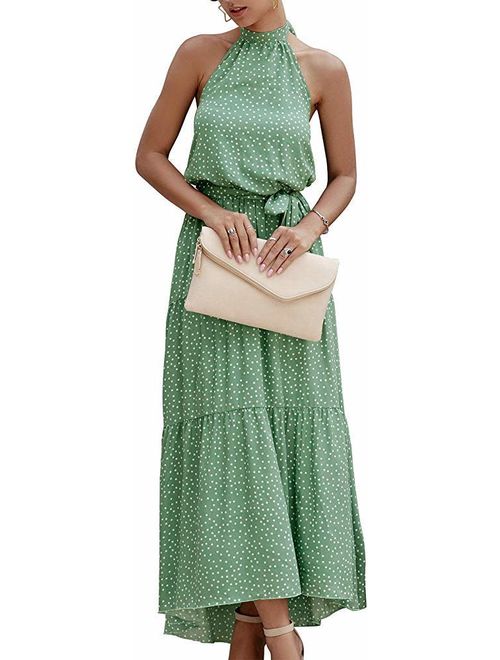 SVALIY Womens Summer Halter Backless Sleeveless Polka Dot Floral Party Long Maxi Beach Dresses