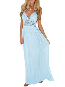 HIYIYEZI Women's Beach Crochet Backless Bohemian Halter Maxi Long Dress