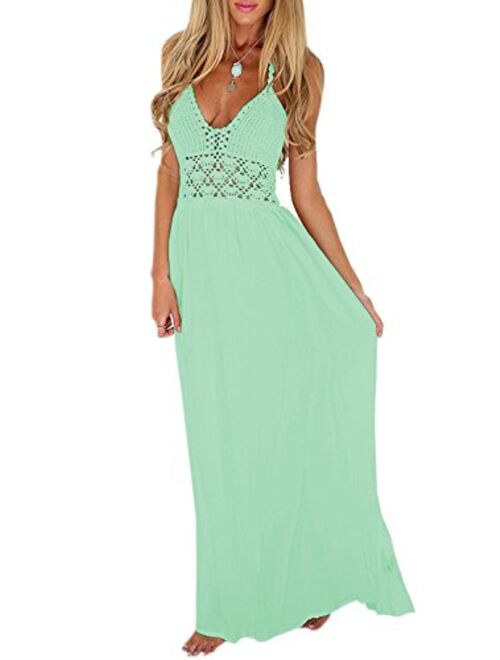 HIYIYEZI Women's Beach Crochet Backless Bohemian Halter Maxi Long Dress