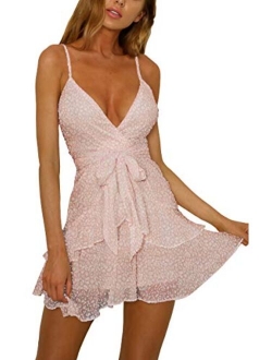 Womens V-Neck Spaghetti Strap Bowknot Backless Sleeveless Lace Mini Swing Skater Dress