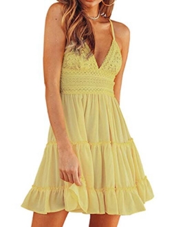 Womens V-Neck Spaghetti Strap Bowknot Backless Sleeveless Lace Mini Swing Skater Dress