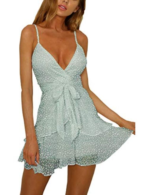 Womens V-Neck Spaghetti Strap Bowknot Backless Sleeveless Lace Mini Swing Skater Dress