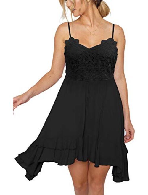 Womens V-Neck Spaghetti Strap Bowknot Backless Sleeveless Lace Mini Swing Skater Dress