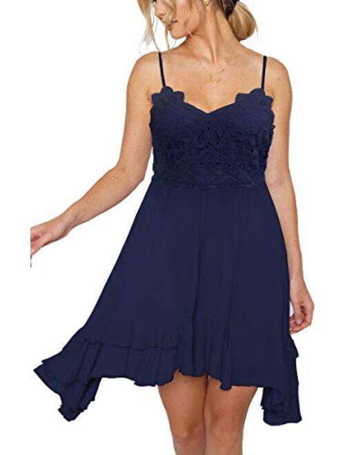 Womens V-Neck Spaghetti Strap Bowknot Backless Sleeveless Lace Mini Swing Skater Dress