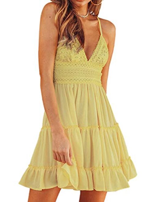 Womens V-Neck Spaghetti Strap Bowknot Backless Sleeveless Lace Mini Swing Skater Dress