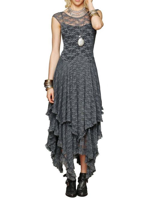 R.Vivimos Womens Sleeveless Backless Asymmetrical Layered Lace Long Dress with Slip Two Pieces