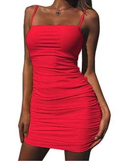 Kaximil Women's Sexy Strap Balckless Sleeveless Ruched Mini Bodycon Club Dresses