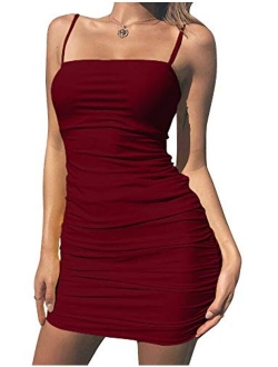 Kaximil Women's Sexy Strap Balckless Sleeveless Ruched Mini Bodycon Club Dresses