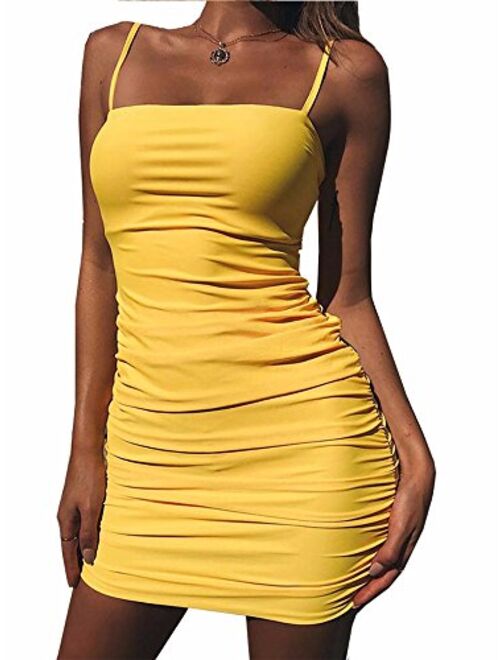 Kaximil Women's Sexy Strap Balckless Sleeveless Ruched Mini Bodycon Club Dresses