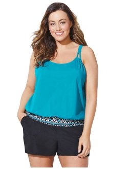 Women's Plus Size Loop Strap Blouson Tankini Set with Cargo Short