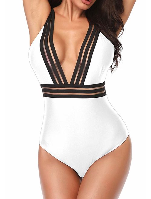 B2prity High Neck One Piece Swimsuits for Women V-Neckline Tummy Control Swimwear Mesh Beach Bathing Suit Slimming Swimsuits