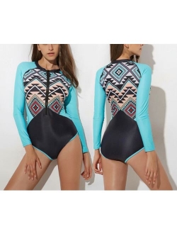 Women Long Sleeve Floral Printed Zip Front One Piece Swimsuit Surfing Swimwear Bathing Suit - S