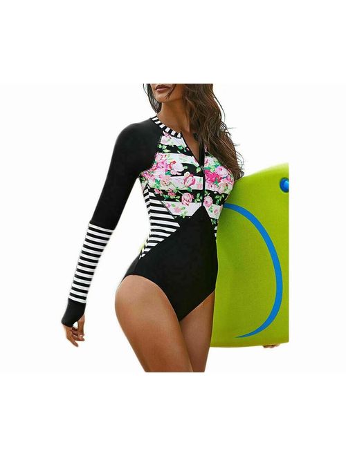 Women Long Sleeve Floral Printed Zip Front One Piece Swimsuit Surfing Swimwear Bathing Suit - S