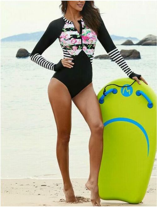 Women Long Sleeve Floral Printed Zip Front One Piece Swimsuit Surfing Swimwear Bathing Suit - S