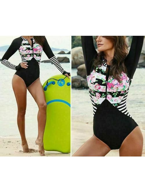 Women Long Sleeve Floral Printed Zip Front One Piece Swimsuit Surfing Swimwear Bathing Suit - S