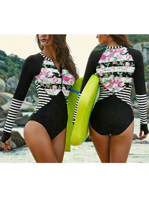 Women Long Sleeve Floral Printed Zip Front One Piece Swimsuit Surfing Swimwear Bathing Suit - S