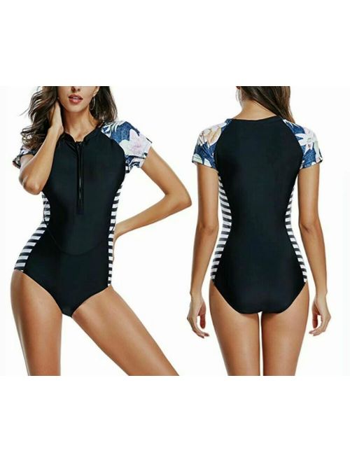 Women Long Sleeve Floral Printed Zip Front One Piece Swimsuit Surfing Swimwear Bathing Suit - S