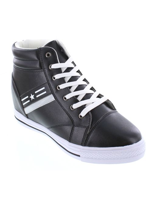 Calden Men's Invisible Height Increasing Elevator Shoes - Black/White Leather Lace-up High-top Fashion Sneakers - 3 Inches Taller - K107221