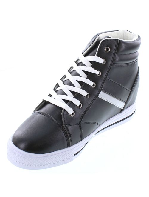 Calden Men's Invisible Height Increasing Elevator Shoes - Black/White Leather Lace-up High-top Fashion Sneakers - 3 Inches Taller - K107221