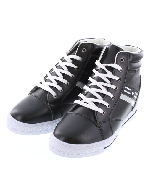 Calden Men's Invisible Height Increasing Elevator Shoes - Black/White Leather Lace-up High-top Fashion Sneakers - 3 Inches Taller - K107221