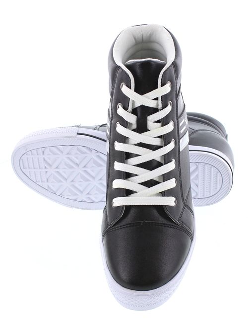 Calden Men's Invisible Height Increasing Elevator Shoes - Black/White Leather Lace-up High-top Fashion Sneakers - 3 Inches Taller - K107221