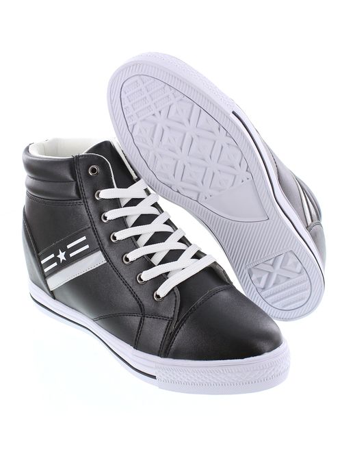 Calden Men's Invisible Height Increasing Elevator Shoes - Black/White Leather Lace-up High-top Fashion Sneakers - 3 Inches Taller - K107221