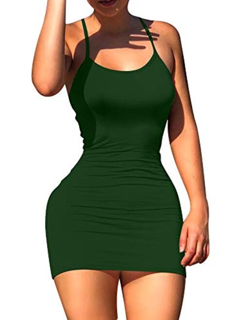 LCNBA Sexy Spaghetti Strap Tank Dress Basic Backless Bodycon Club Party Mini Dress