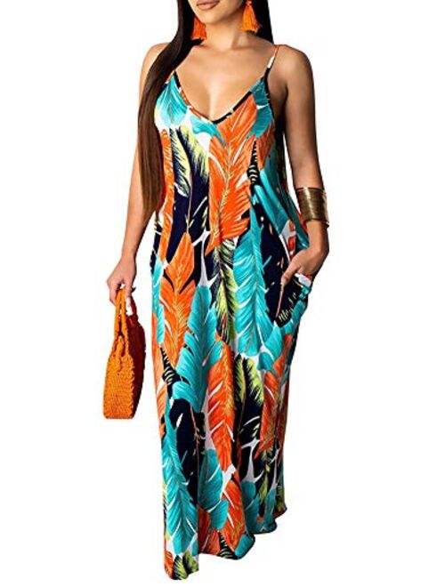 Voghtic Women Casual Floral Print Maxi Dress Spaghetti Strap Backless Loose Long Maternity Dresses