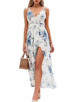 Fargeous Women's Floral Deep V Neck Backless Strap Flower Print Split Long Maxi Party Dress