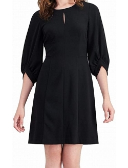 Women's Solid Blouson Sleeve A-line Dress with Front Keyhole