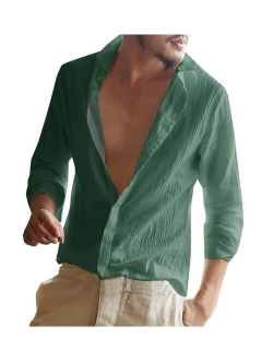 Mens Button Up Shirts Long Sleeve Linen Beach Casual Cotton Summer Lightweight Tops