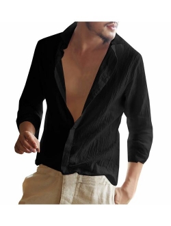 Mens Button Up Shirts Long Sleeve Linen Beach Casual Cotton Summer Lightweight Tops