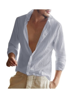 Mens Button Up Shirts Long Sleeve Linen Beach Casual Cotton Summer Lightweight Tops