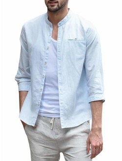 Mens Button Up Shirts Long Sleeve Linen Beach Casual Cotton Summer Lightweight Tops