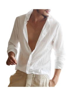 Mens Button Up Shirts Long Sleeve Linen Beach Casual Cotton Summer Lightweight Tops