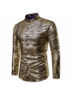 Mens Long Sleeve Top Blouse Leopard Python Pirnt Casual Button Down Dress Shirt