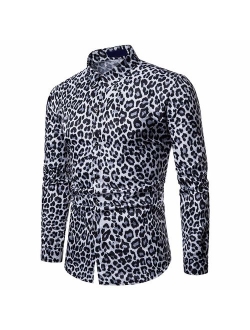 Mens Long Sleeve Top Blouse Leopard Python Pirnt Casual Button Down Dress Shirt