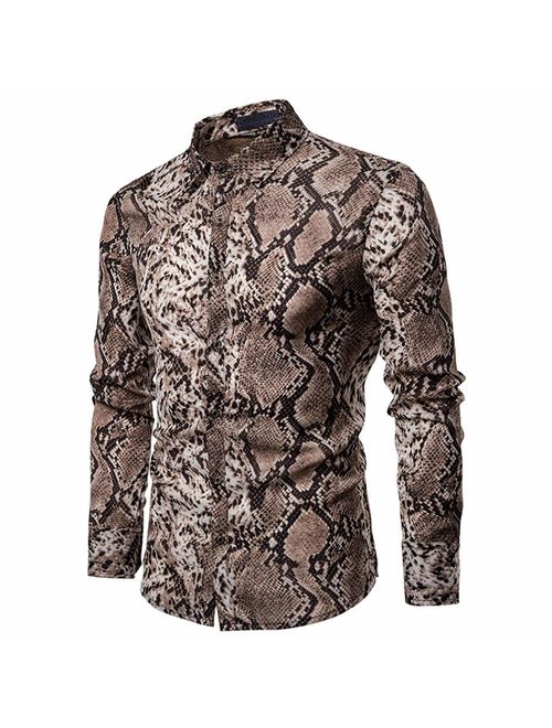 Mens Long Sleeve Top Blouse Leopard Python Pirnt Casual Button Down Dress Shirt