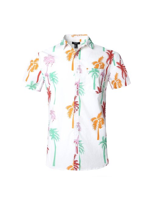 NUTEXROL Mens Hawaiian Shirts Standard-Fit Cotton/Polyester Palm Tree Printed Beach Wear