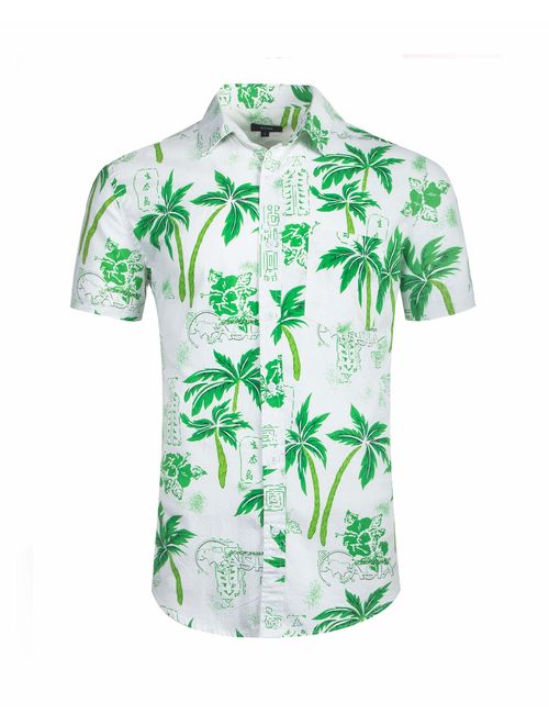 NUTEXROL Mens Hawaiian Shirts Standard-Fit Cotton/Polyester Palm Tree Printed Beach Wear