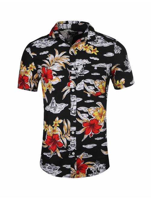 NUTEXROL Mens Hawaiian Shirts Standard-Fit Cotton/Polyester Palm Tree Printed Beach Wear