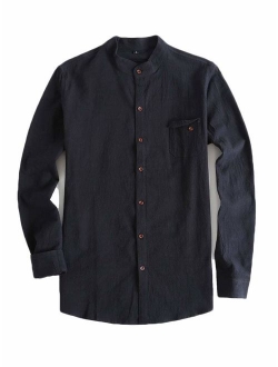 Plaid&Plain Men's Long Sleeve Mandarin Collar Shirts Men's Slim Fit Linen Shirt