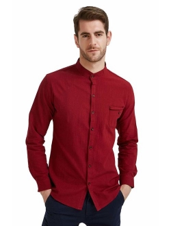 Plaid&Plain Men's Long Sleeve Mandarin Collar Shirts Men's Slim Fit Linen Shirt