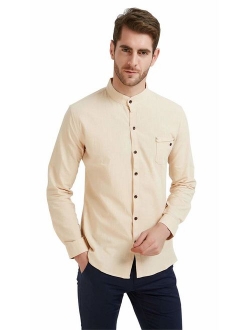 Plaid&Plain Men's Long Sleeve Mandarin Collar Shirts Men's Slim Fit Linen Shirt