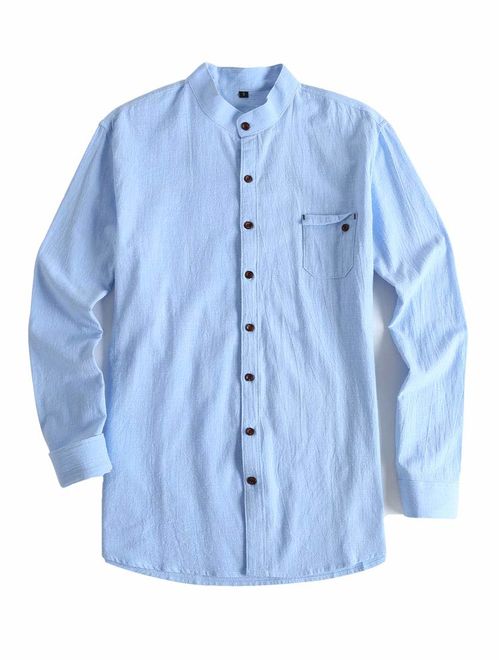 Plaid&Plain Men's Long Sleeve Mandarin Collar Shirts Men's Slim Fit Linen Shirt