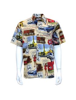 David Carey Chevy Route 66 Camp Shirt - Retro Inspired - Button Up Collared Short Sleeve Tan Club Shirt